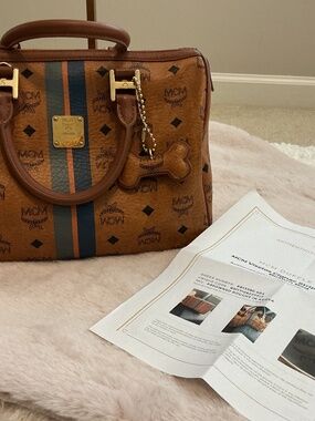 MCM Cognac Visetos Stripe Boston Bag